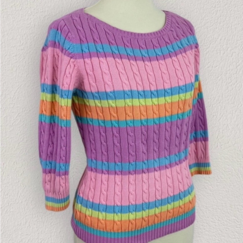 Ralph Lauren Purple and Pink Cable-Knit Crew Neck Sweater - Picture 1 of 6